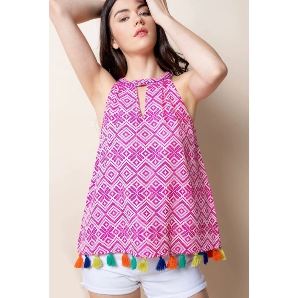 THML by Anthropologie Jacquard Halter Tassels Top